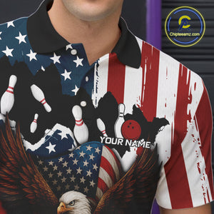 American Flag Eagle Bowling Polo, Quarter Zip Shirts For Men Custom Patriotic Team Bowling Jersey NQS10572