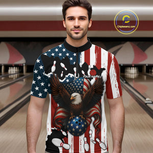 American Flag Eagle Bowling Polo, Quarter Zip Shirts For Men Custom Patriotic Team Bowling Jersey NQS10572