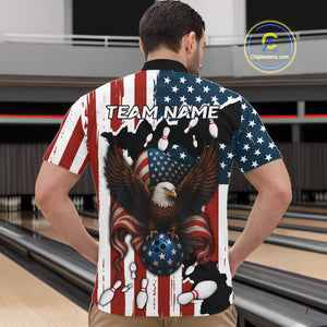 American Flag Eagle Bowling Polo, Quarter Zip Shirts For Men Custom Patriotic Team Bowling Jersey NQS10572