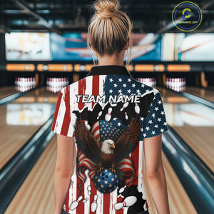 American Flag Eagle Bowling Polo, Quarter Zip Shirts For Women Custom Patriotic Team Bowling Jersey NQS10572
