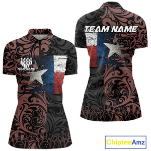 Texas Flag tribal pattern Bowling Polo, 1/4 Zip shirts for Women Custom patriotic Team bowling jersey NQS10583