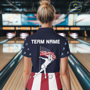 Red, White and Blue American Flag Bowling Team Shirts For Women Custom Patriotic Bowling Jerseys NQS10220