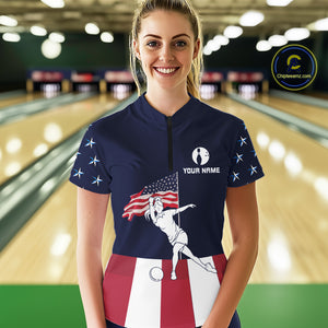 Red, White and Blue American Flag Bowling Team Shirts For Women Custom Patriotic Bowling Jerseys NQS10220