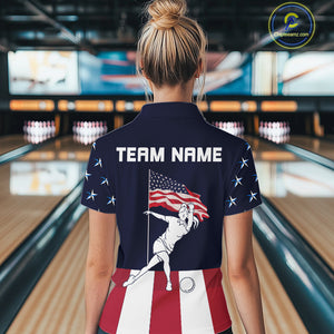 Red, White and Blue American Flag Bowling Team Shirts For Women Custom Patriotic Bowling Jerseys NQS10220