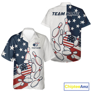 Custom American flag Bowling Hawaiian Shirt personalized red, white and blue patriotic bowling shirt NQS10313