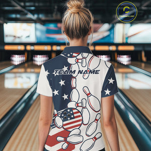 Custom American flag Bowling Shirt For Women personalized red, white and blue patriotic bowling shirt NQS10313