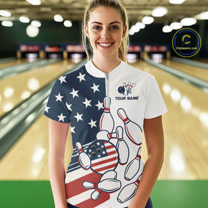 Custom American flag Bowling Shirt For Women personalized red, white and blue patriotic bowling shirt NQS10313
