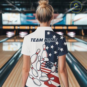 Custom American flag Bowling Shirt For Women personalized red, white and blue patriotic bowling shirt NQS10313