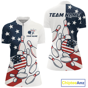 Custom American flag Bowling Shirt For Women personalized red, white and blue patriotic bowling shirt NQS10313