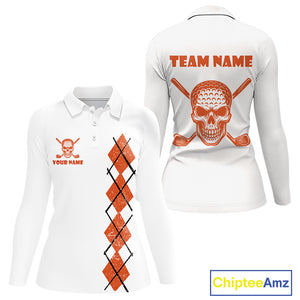 Orange argyle plaid pattern Skull White Golf polo shirt for Women custom Halloween ladies golf attire NQS10357