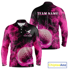 Load image into Gallery viewer, Black and Pink Flame Golf Ball Mens Golf polo shirts custom name golf outfit for men golf clothes NQS9869
