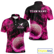 Load image into Gallery viewer, Black and Pink Flame Golf Ball Mens Golf polo shirts custom name golf outfit for men golf clothes NQS9869