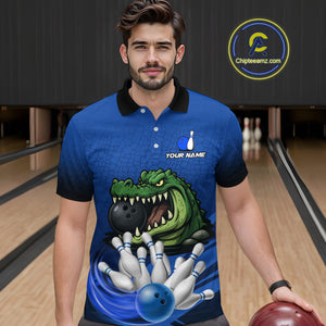 Funny Blue Alligator Bowling Polo, Quarter Zip shirts for Men Custom Team bowling league jersey NQS10630