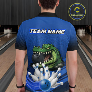 Funny Blue Alligator Bowling Polo, Quarter Zip shirts for Men Custom Team bowling league jersey NQS10630