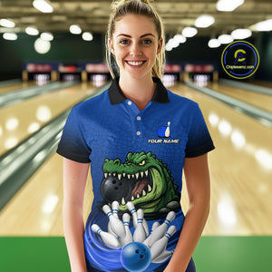 Funny Blue Alligator Bowling Polo, Quarter Zip shirts for Women Custom Team bowling league jersey NQS10630