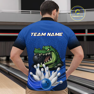 Funny Blue Alligator Bowling Polo, Quarter Zip shirts for Men Custom Team bowling league jersey NQS10630
