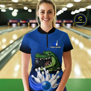 Funny Blue Alligator Bowling Polo, Quarter Zip shirts for Women Custom Team bowling league jersey NQS10630