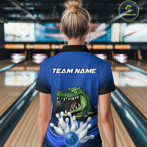 Funny Blue Alligator Bowling Polo, Quarter Zip shirts for Women Custom Team bowling league jersey NQS10630