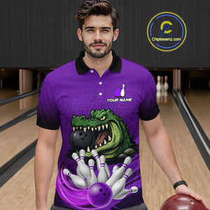 Funny Purple Alligator Bowling Polo, Quarter Zip shirts for Men Custom Team bowling league jersey NQS10631
