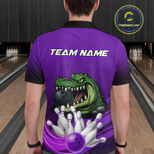 Funny Purple Alligator Bowling Polo, Quarter Zip shirts for Men Custom Team bowling league jersey NQS10631