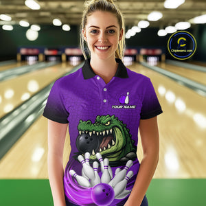 Funny Purple Alligator Bowling Polo, Quarter Zip shirts for Women Custom Team bowling league jersey NQS10631