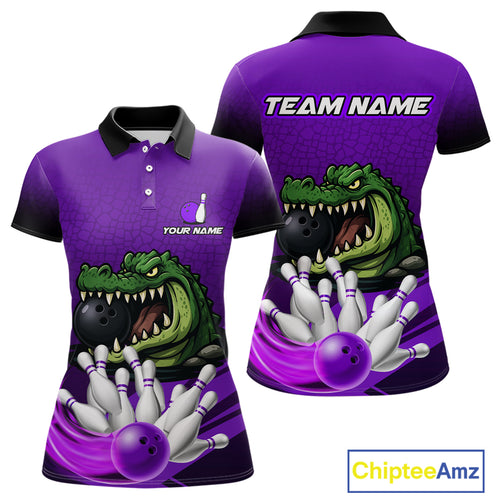 Funny Purple Alligator Bowling Polo, Quarter Zip shirts for Women Custom Team bowling league jersey NQS10631