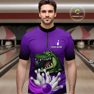 Funny Purple Alligator Bowling Polo, Quarter Zip shirts for Men Custom Team bowling league jersey NQS10631