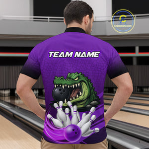 Funny Purple Alligator Bowling Polo, Quarter Zip shirts for Men Custom Team bowling league jersey NQS10631
