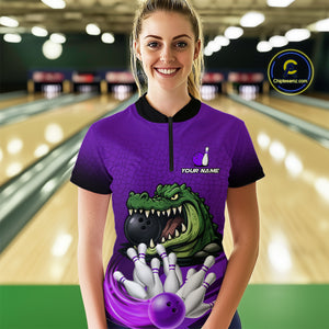 Funny Purple Alligator Bowling Polo, Quarter Zip shirts for Women Custom Team bowling league jersey NQS10631