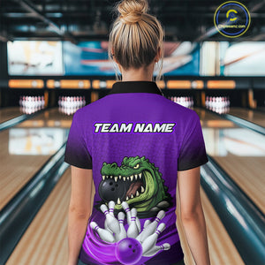 Funny Purple Alligator Bowling Polo, Quarter Zip shirts for Women Custom Team bowling league jersey NQS10631