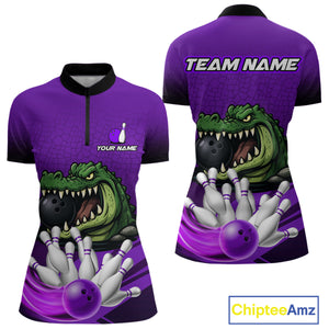 Funny Purple Alligator Bowling Polo, Quarter Zip shirts for Women Custom Team bowling league jersey NQS10631