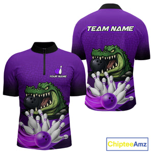 Funny Purple Alligator Bowling Polo, Quarter Zip shirts for Men Custom Team bowling league jersey NQS10631