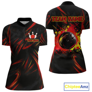 Black and Red Camo Womens Bowling Polo, Quarter Zip shirts custom Bowler Outfits bowling team jerseys NQS10155