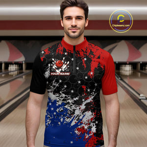 Red, White and Blue Camo Bowling Polo, Quarter Zip shirts for Men Custom Patriotic Gift For Bowlers NQS10589