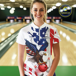 Red, White and Blue American Flag Eagle Bowling Shirts For Women Custom Patriotic Bowling Team Jersey NQS10639