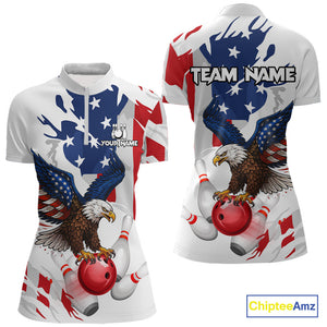 Red, White and Blue American Flag Eagle Bowling Shirts For Women Custom Patriotic Bowling Team Jersey NQS10639