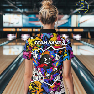 Colorful graffiti pattern Funny Bowling polo, quarter zip shirts for Women custom Bowling team jersey NQS10389