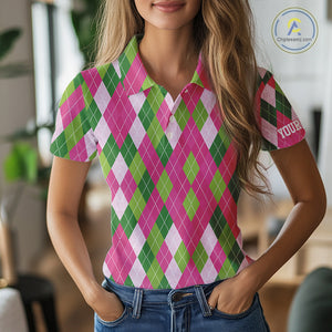 Pink and Green argyle pattern Women golf polo shirt custom golf jerseys, personalized golf apparel NQS10408