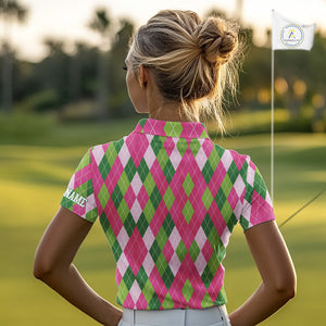 Pink and Green argyle pattern Women golf polo shirt custom golf jerseys, personalized golf apparel NQS10408