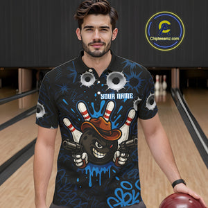 Funny Black and Blue Bowling Cowboy gun Men bowling polo, 1/4 zip shirts Custom bowling team jersey NQS10617