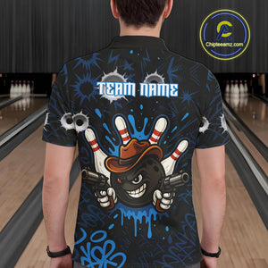 Funny Black and Blue Bowling Cowboy gun Men bowling polo, 1/4 zip shirts Custom bowling team jersey NQS10617