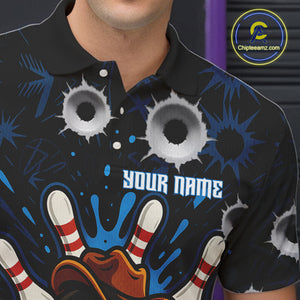 Funny Black and Blue Bowling Cowboy gun Men bowling polo, 1/4 zip shirts Custom bowling team jersey NQS10617