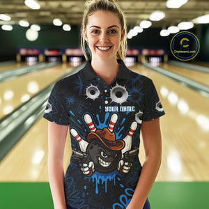 Funny Black and Blue Bowling Cowboy gun Women bowling polo, 1/4 zip shirts Custom bowling team jersey NQS10617