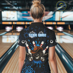 Funny Black and Blue Bowling Cowboy gun Women bowling polo, 1/4 zip shirts Custom bowling team jersey NQS10617