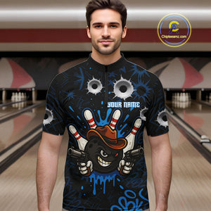 Funny Black and Blue Bowling Cowboy gun Men bowling polo, 1/4 zip shirts Custom bowling team jersey NQS10617