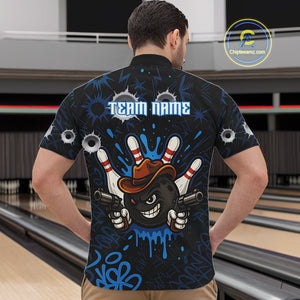 Funny Black and Blue Bowling Cowboy gun Men bowling polo, 1/4 zip shirts Custom bowling team jersey NQS10617