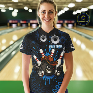 Funny Black and Blue Bowling Cowboy gun Women bowling polo, 1/4 zip shirts Custom bowling team jersey NQS10617