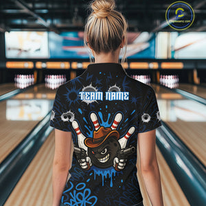 Funny Black and Blue Bowling Cowboy gun Women bowling polo, 1/4 zip shirts Custom bowling team jersey NQS10617