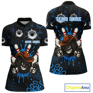 Funny Black and Blue Bowling Cowboy gun Women bowling polo, 1/4 zip shirts Custom bowling team jersey NQS10617