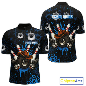 Funny Black and Blue Bowling Cowboy gun Men bowling polo, 1/4 zip shirts Custom bowling team jersey NQS10617